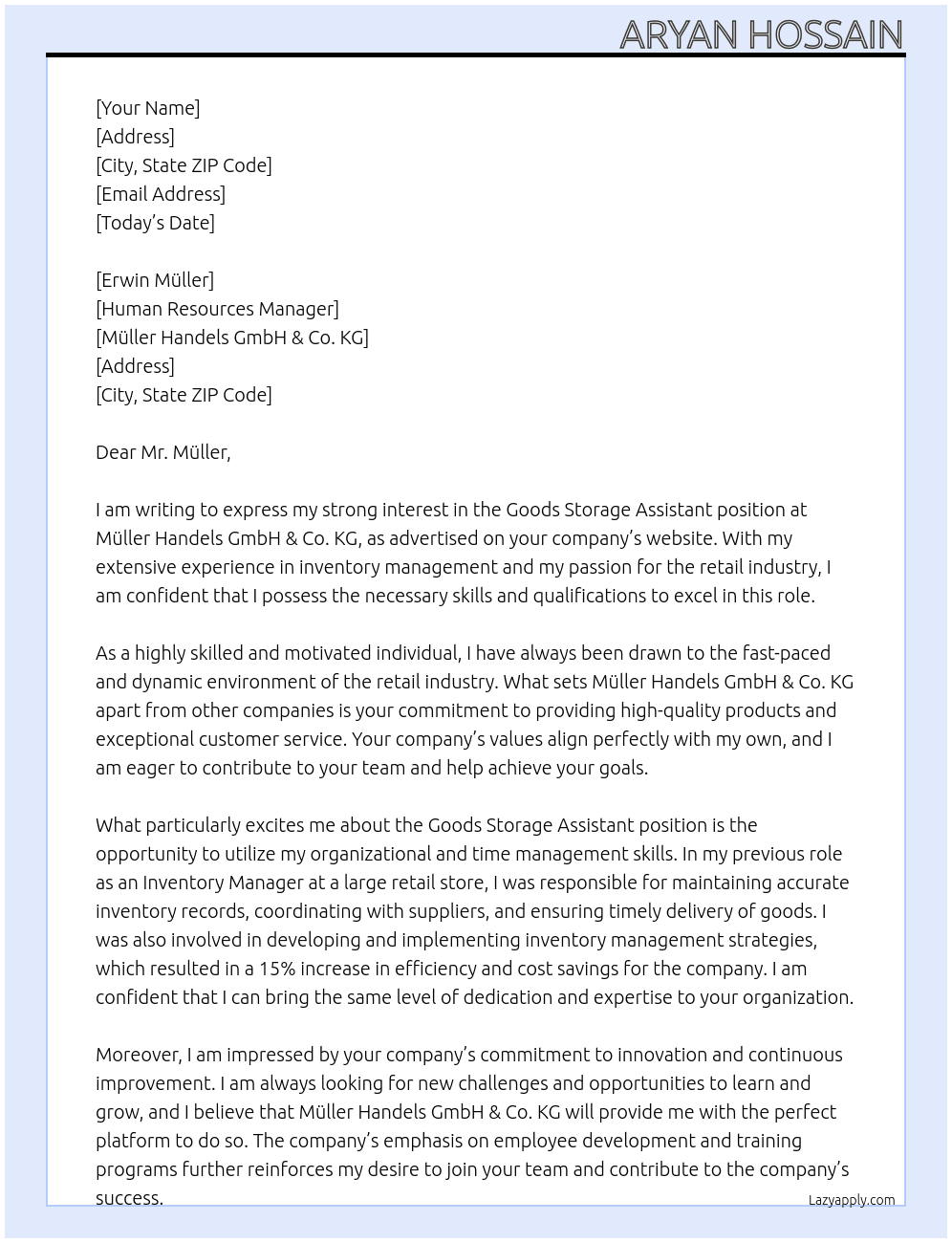goods storage assistant At Müller Handels GmbH & Co. KG Cover Letter