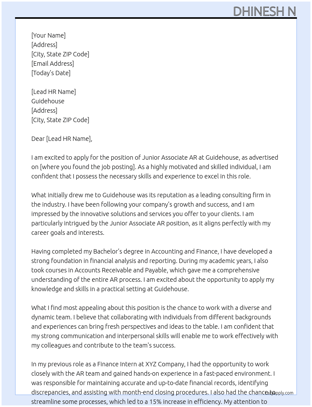 Junior Associate AR At Guidehouse Cover Letter