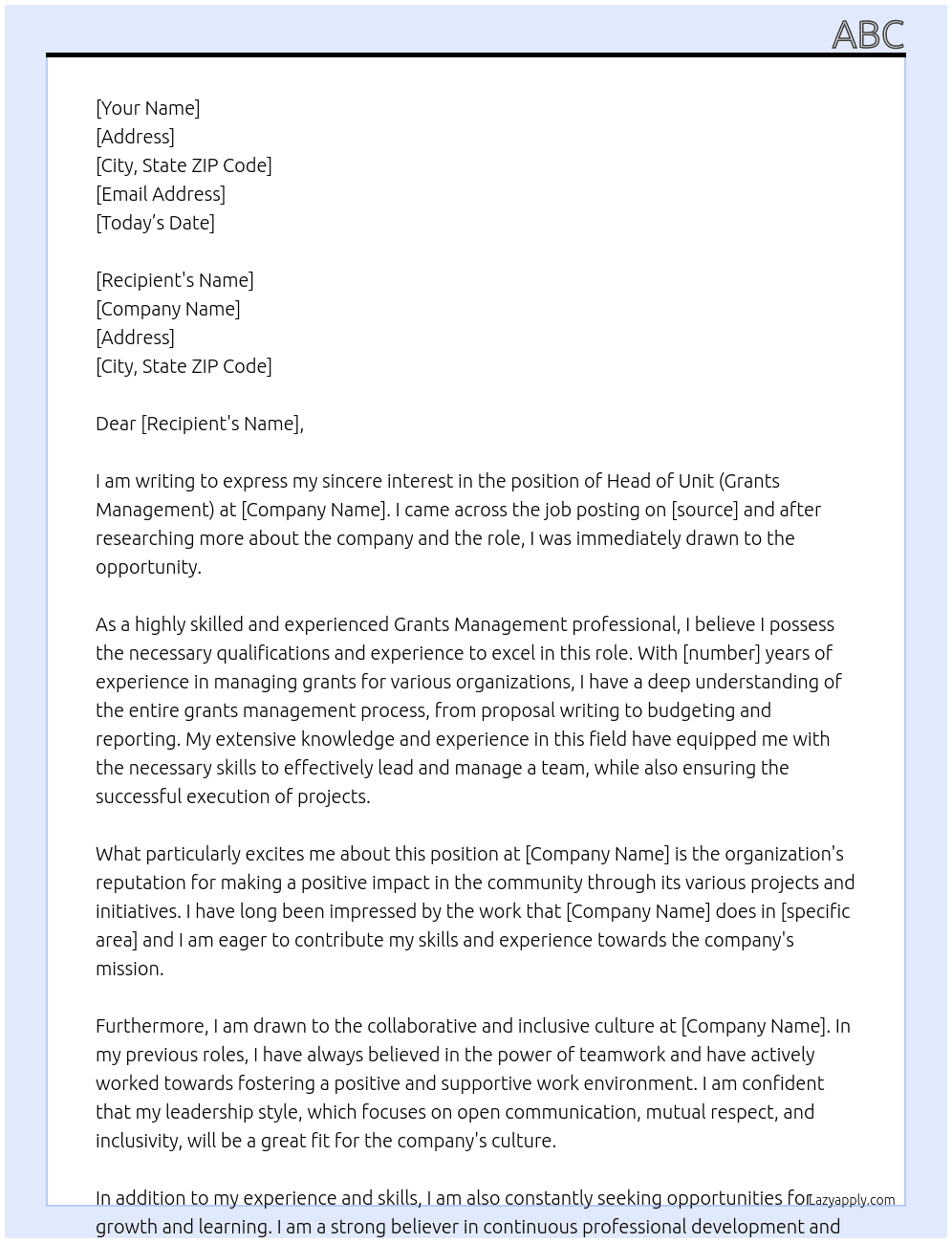 Head of Unit (Grants Management) At acf Cover Letter