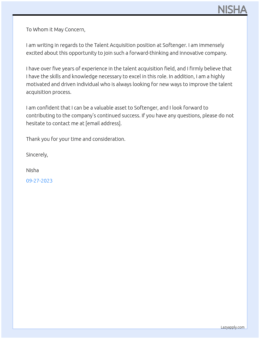 Talent Acquisition  At Softenger Cover Letter