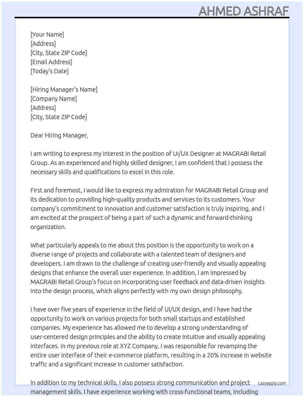 UI/UX Designer At MAGRABi Retail Group Cover Letter