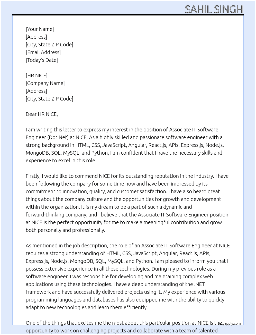Associate IT Software Engineer (Dot Net) At NICE Cover Letter