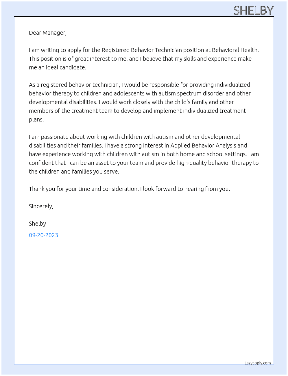 Registered Behavior Technician At Behavioral health Cover Letter