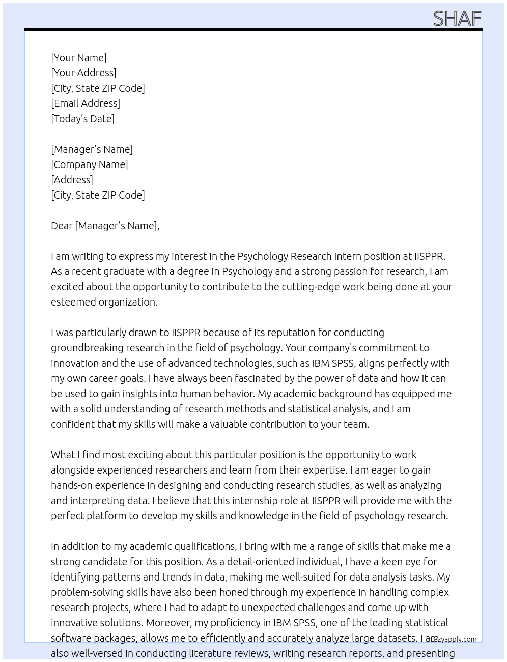 Psychology Research Intern At IISPPR Cover Letter