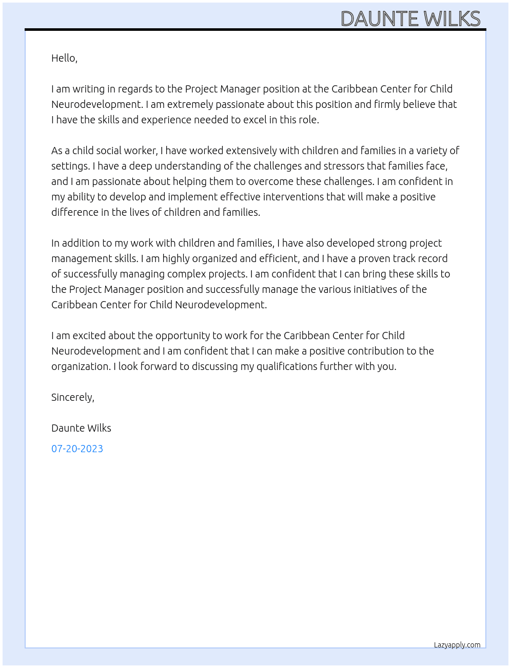 Child social worker At Caribbean Center for Child Neurodevelopment Cover Letter