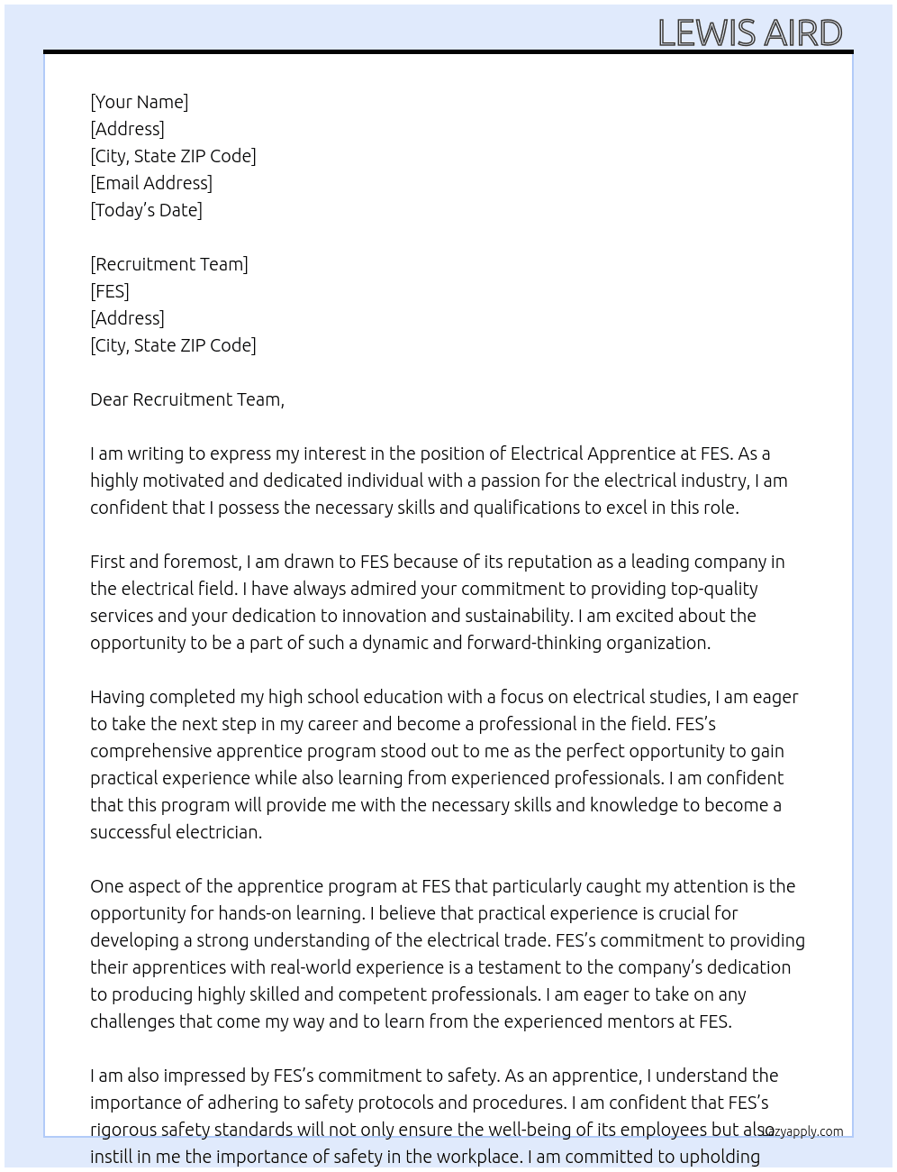 Electrical apprentice  At FES Cover Letter