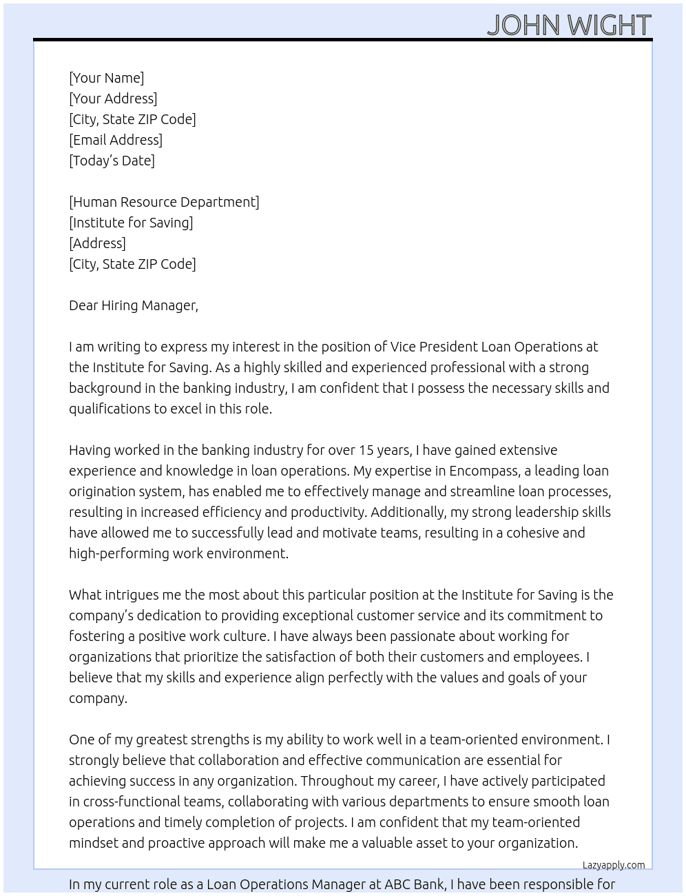 Vice President Loan Operations At Institute for Saving  Cover Letter