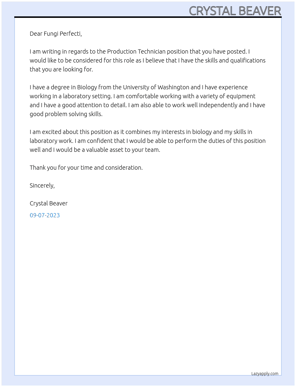 Production Technician At Fungi Perfecti Cover Letter