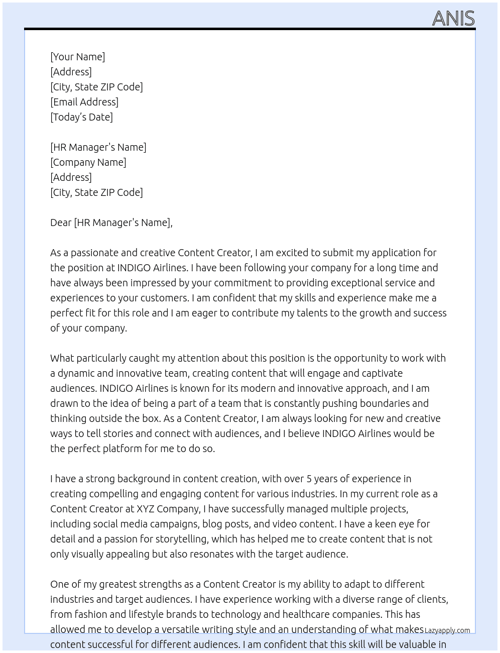 content creator At INDIGO Airlines Cover Letter
