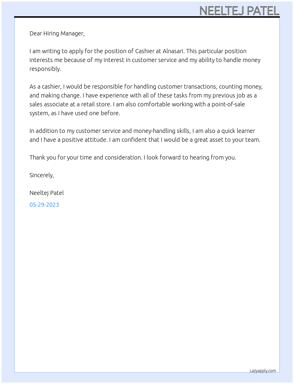 Cashier  At Alnasari  Cover Letter