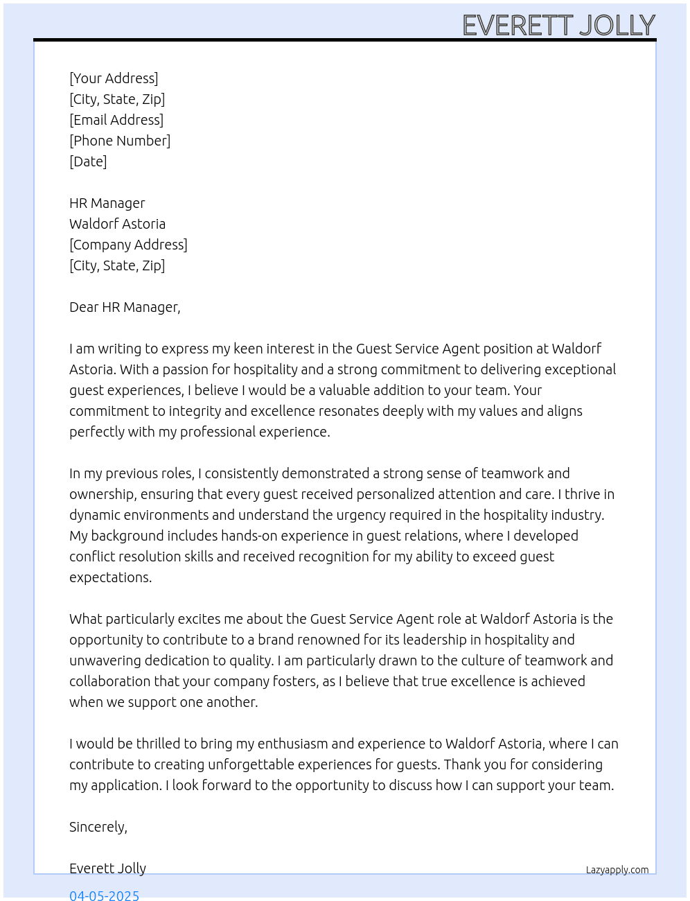 Guest Service Agent At Waldorf Astoria  Cover Letter