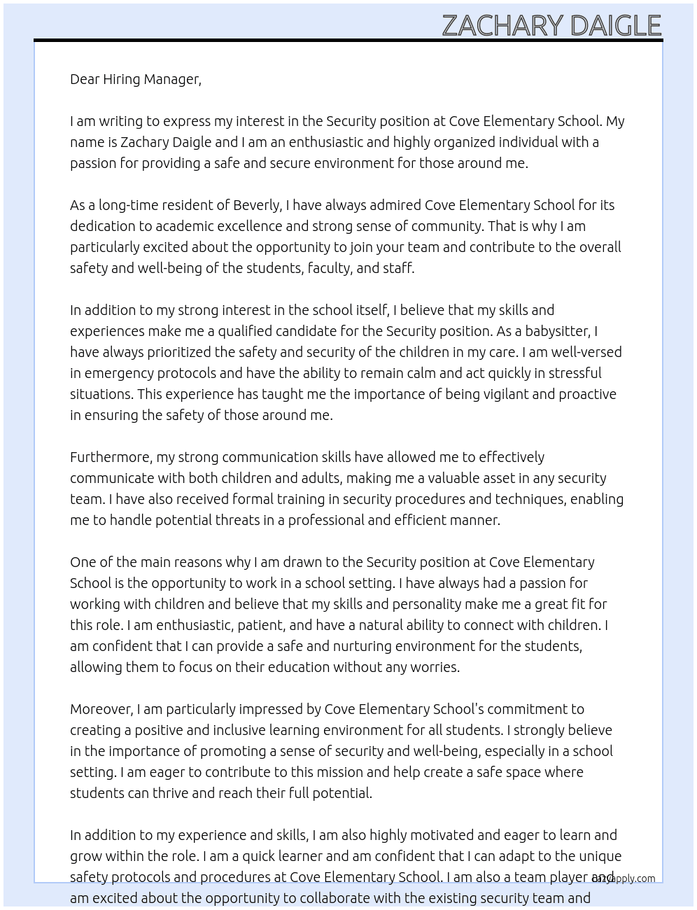 Security At Cove Elementary School Cover Letter