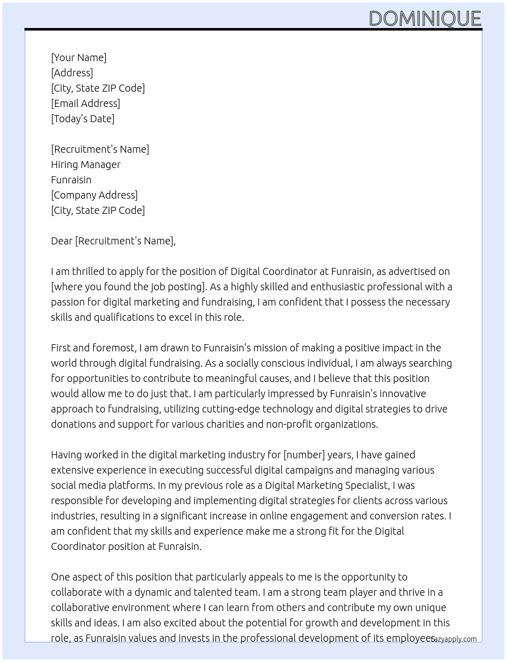 Digital Coordinator At Funraisin Cover Letter