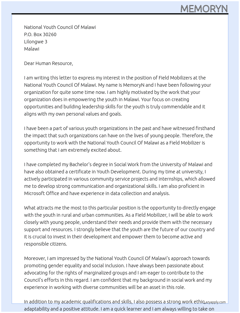 Field Mobilizers At National Youth Council Of Malawi Cover Letter