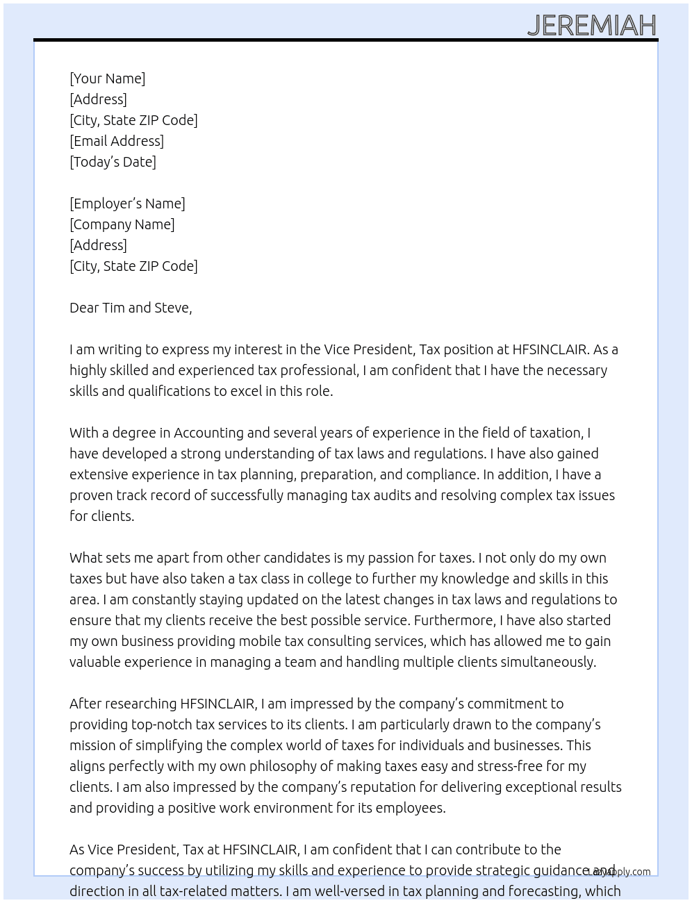 Vice President, Tax At HFSINCLAIR  Cover Letter