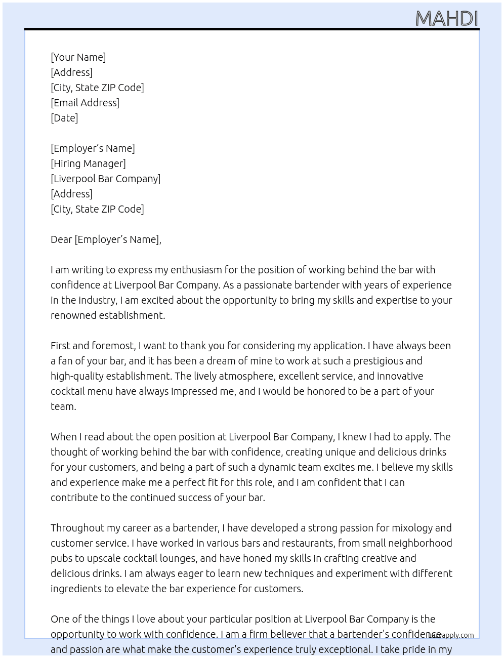 working behind a bar with confidence  At liverpool  Cover Letter