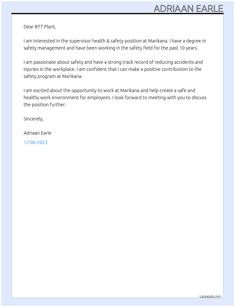 Supervisor Health & Safety At Marikana Cover Letter
