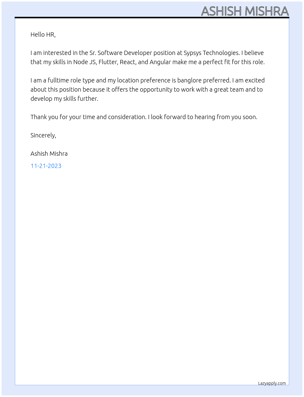 Sr. Software Developer At Sypsys Technologies Cover Letter
