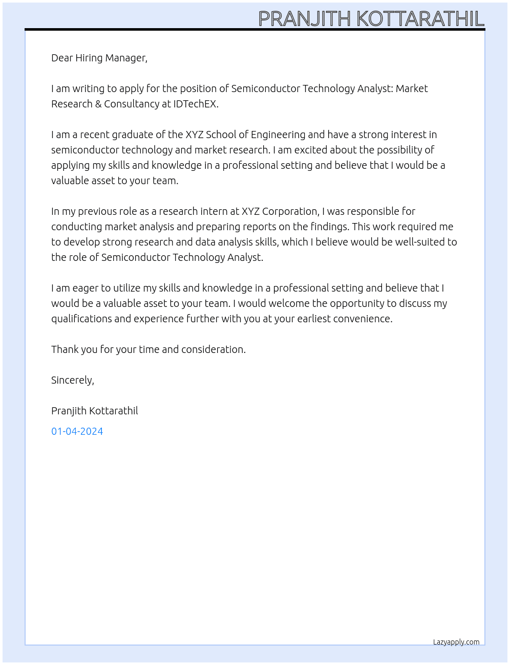 Semiconductor Technology Analyst: Market Research & Consultancy At IDTechEX Cover Letter