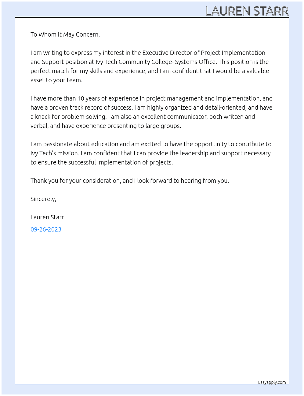 Executive Director of Project Implementation and Support At Ivy Tech Community College- Systems Office  Cover Letter