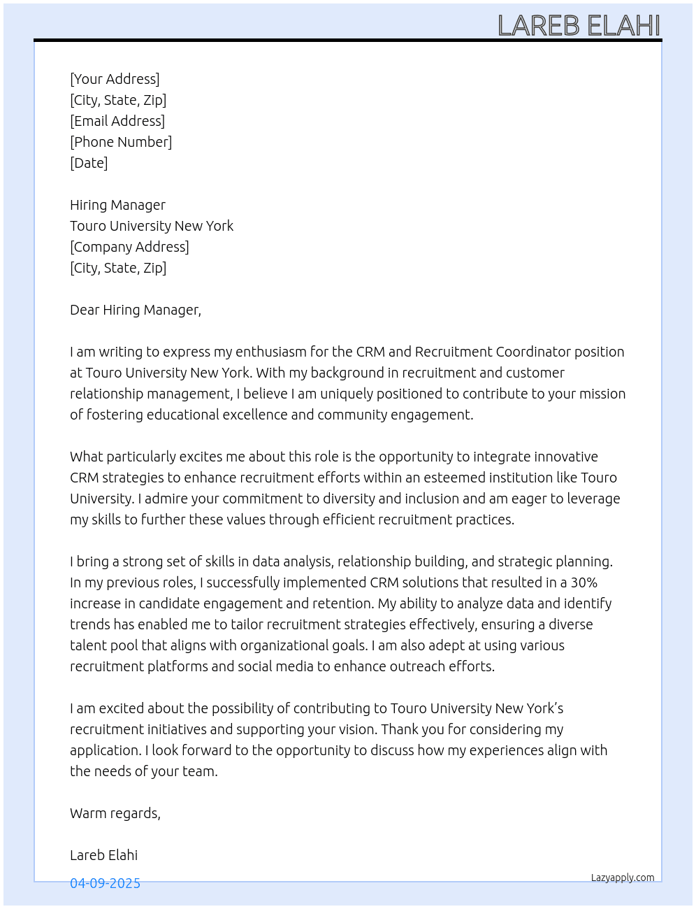 CRM and Recruitment Coordinator  At Touro University New York Cover Letter