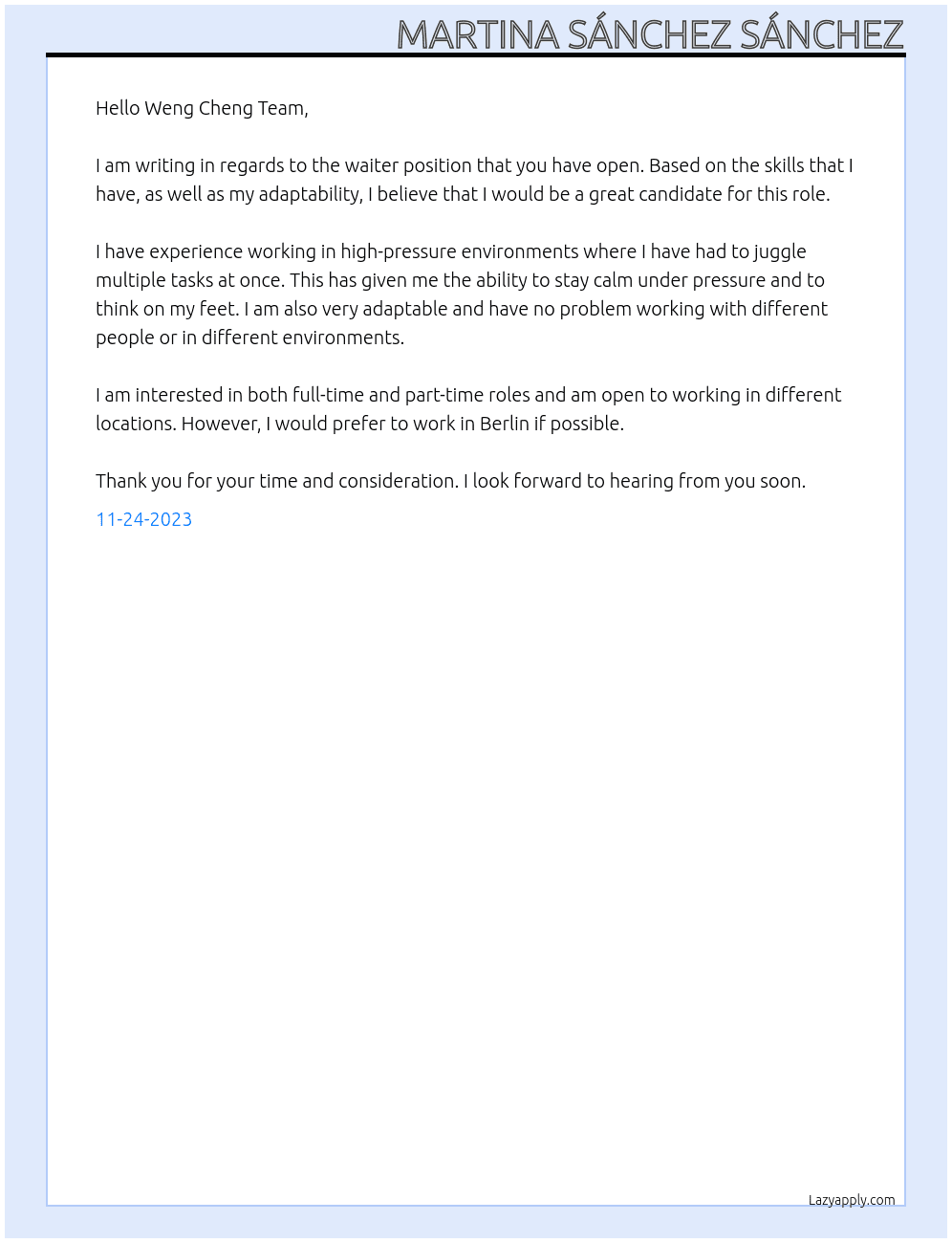 waiter At Weng Cheng Cover Letter