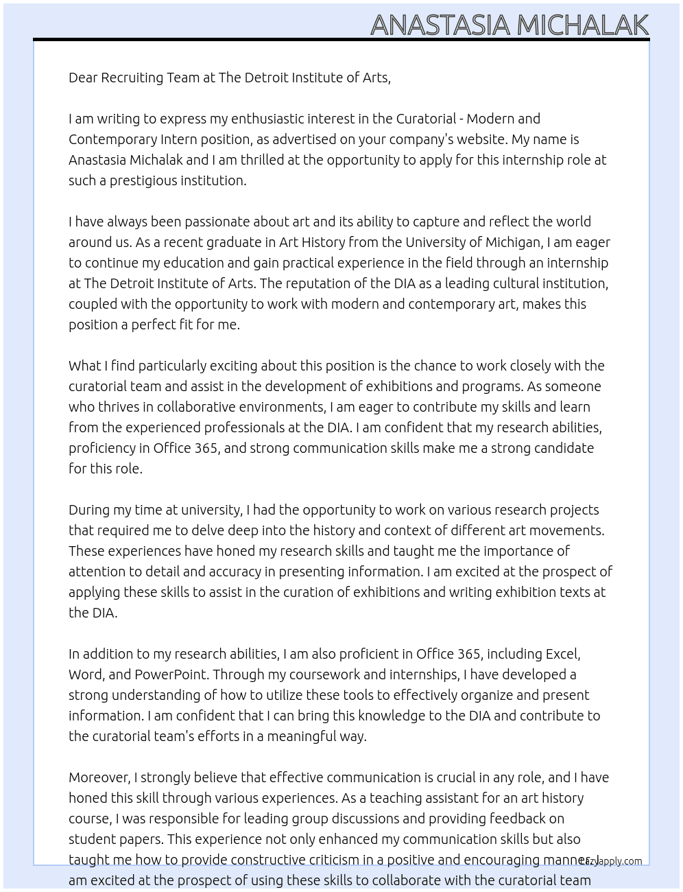 Curatorial - Modern and Contemporary Intern At The Detroit Institute of Arts Cover Letter
