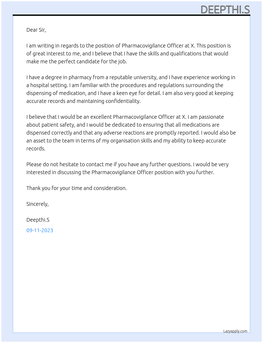 PHARMACOVIGILANCE OFFICER At X Cover Letter