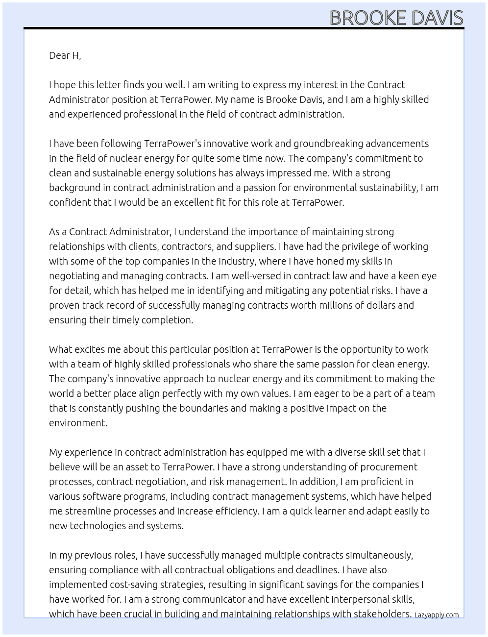 Contract Administrator At TerraPower Cover Letter