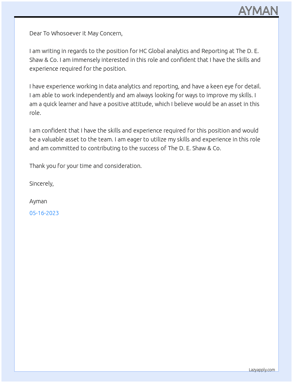 HC Global analytics and Reporting At The D. E. Shaw & Co Cover Letter