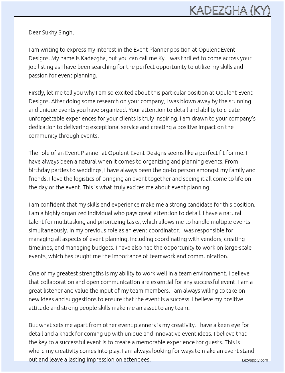Event planner  At Opulent event designs Cover Letter