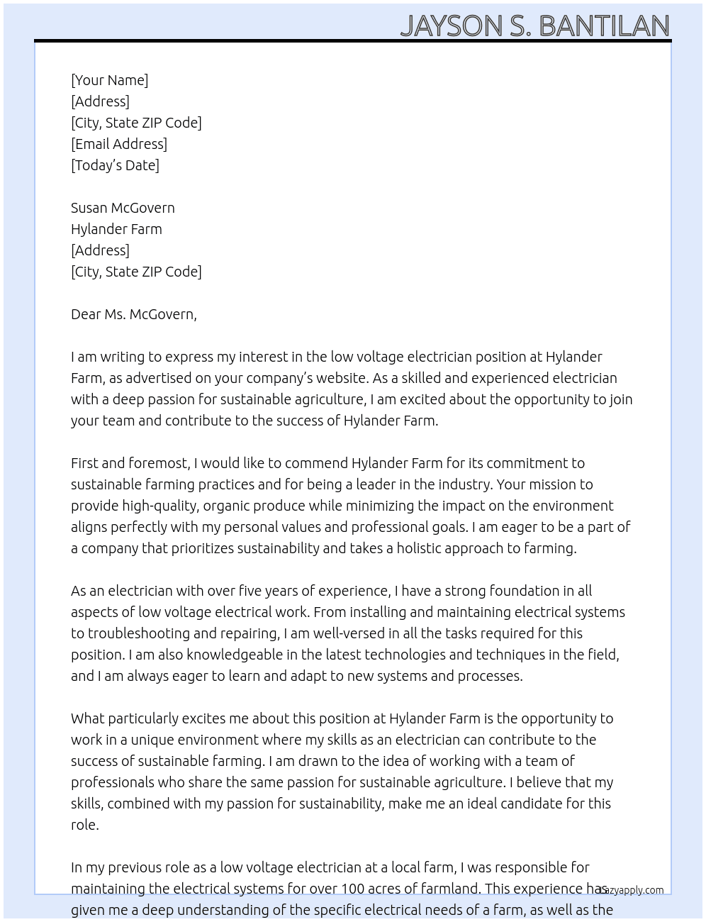 low voltage electrician At Hylander farm Cover Letter