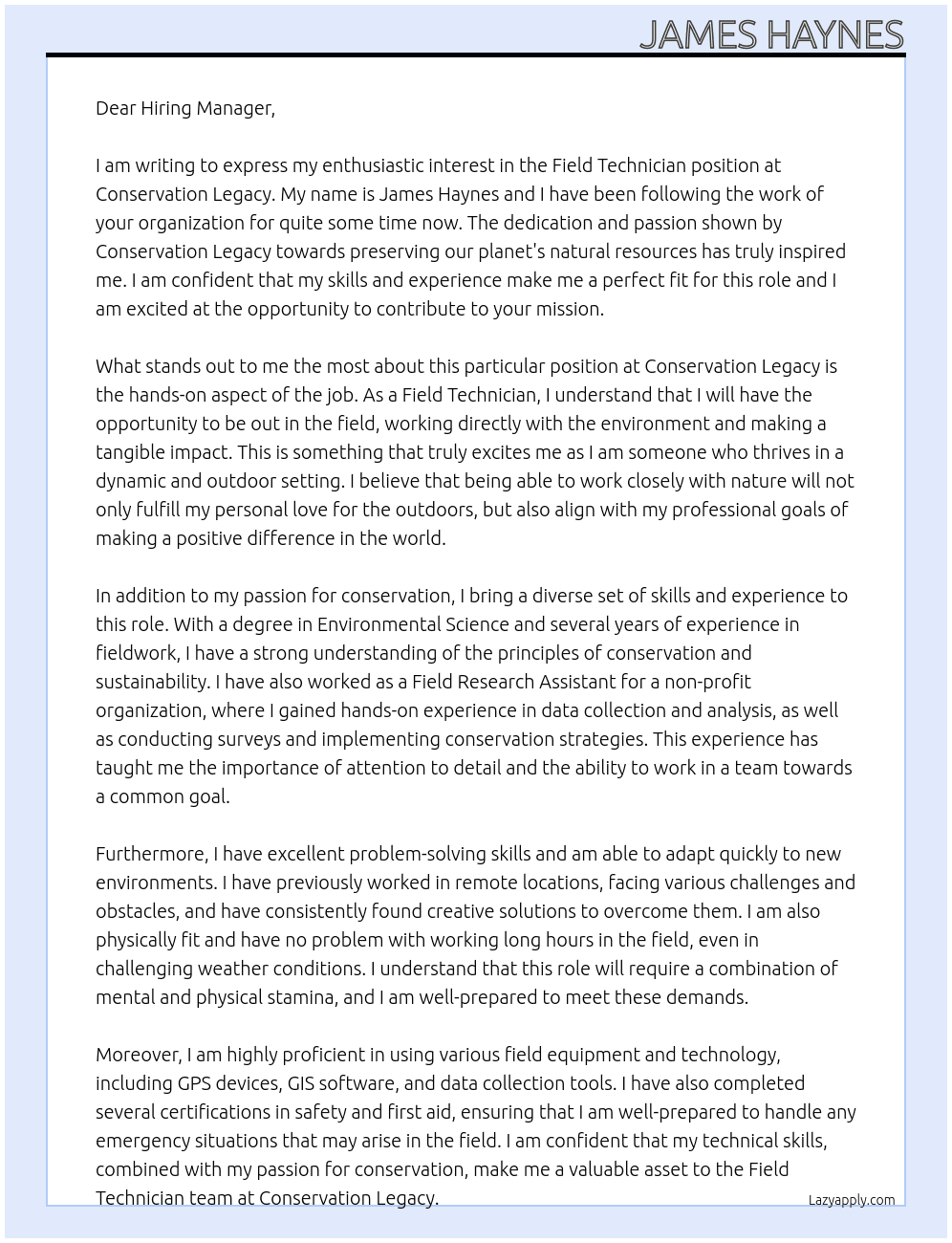 Field Technician At Conservation Legacy Cover Letter