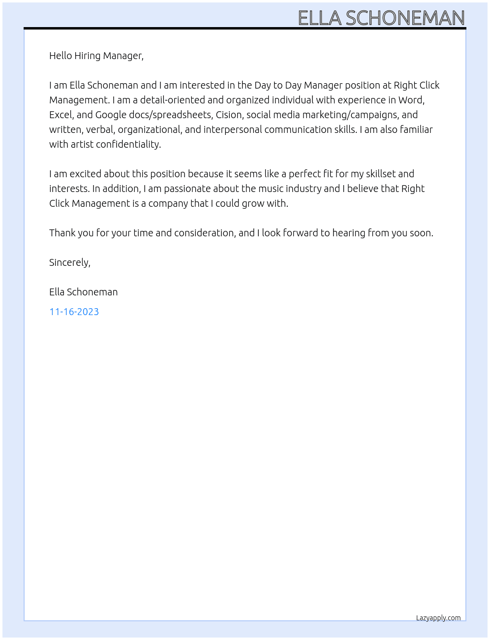 Day to Day Manager At Right Click Management Cover Letter