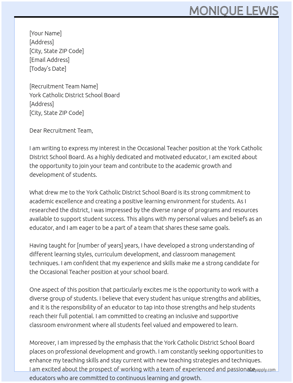 Occasional Teacher At York Catholic District School Board Cover Letter