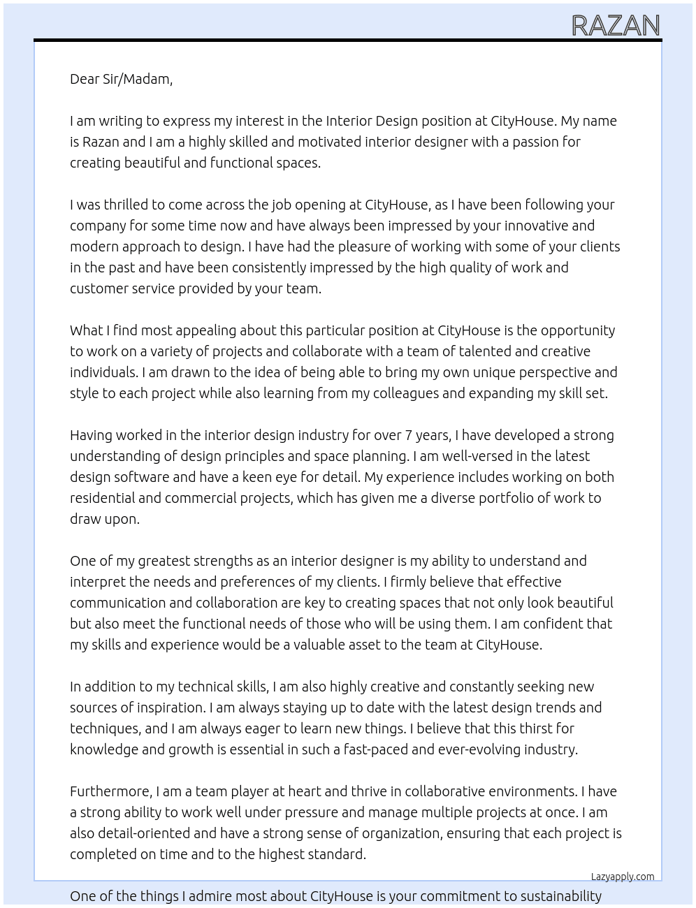 interior design At CityHouse Cover Letter