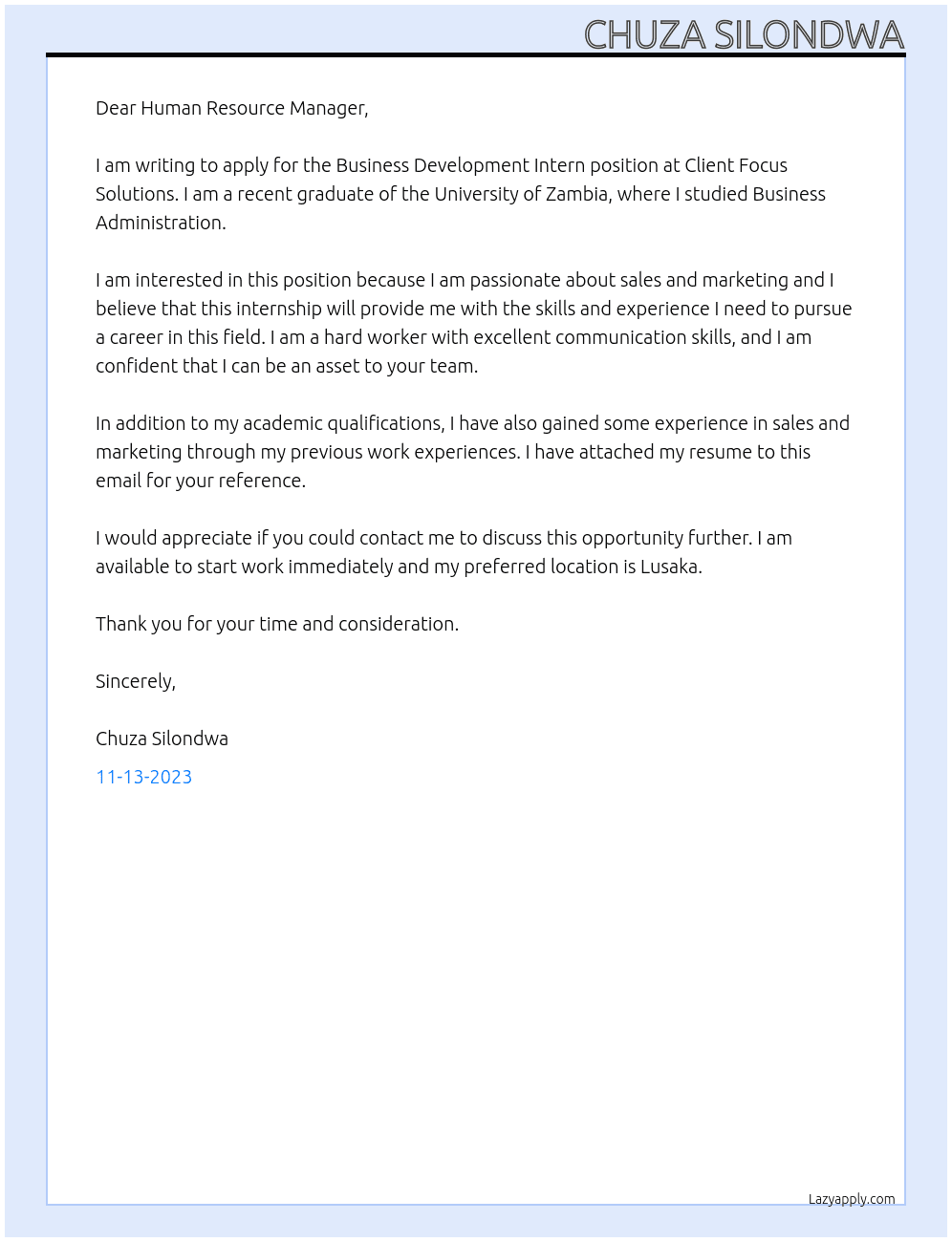 Business Development Intern At Client Focus Solutions Cover Letter