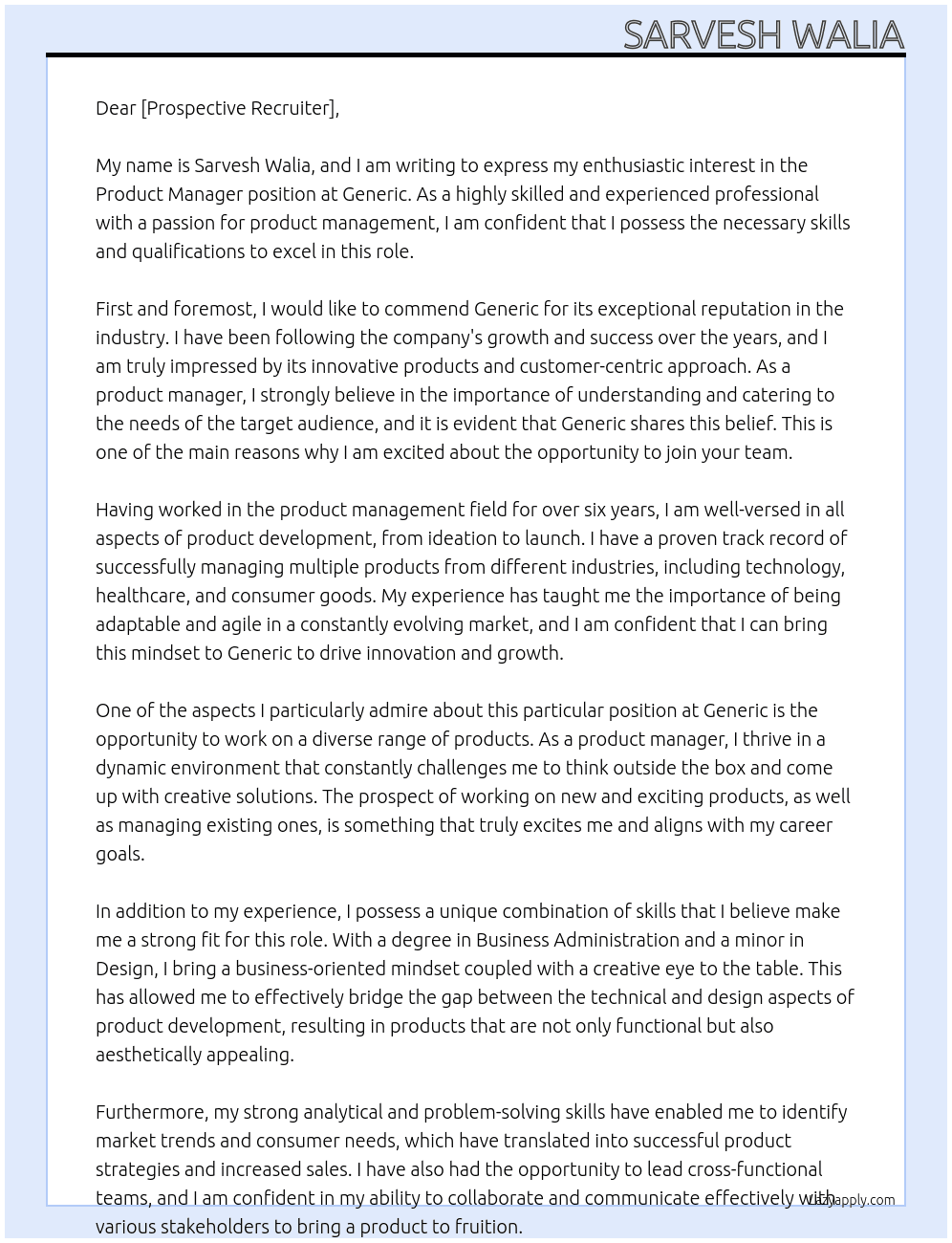 product manager At Generic Cover Letter