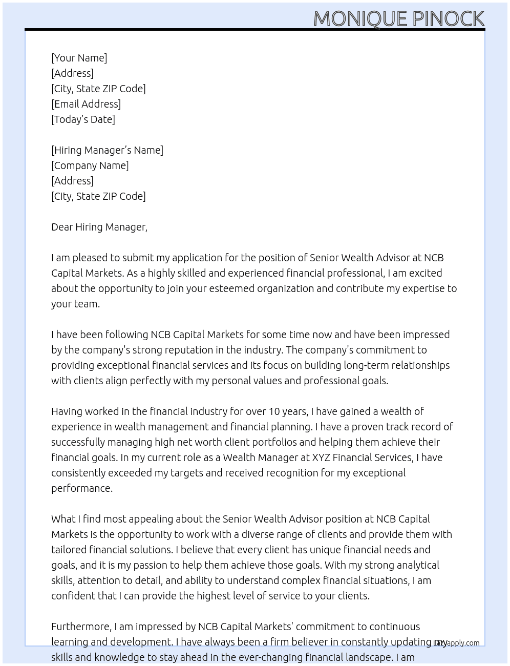 Senior Wealth Advisor At NCB Capital Markets Cover Letter