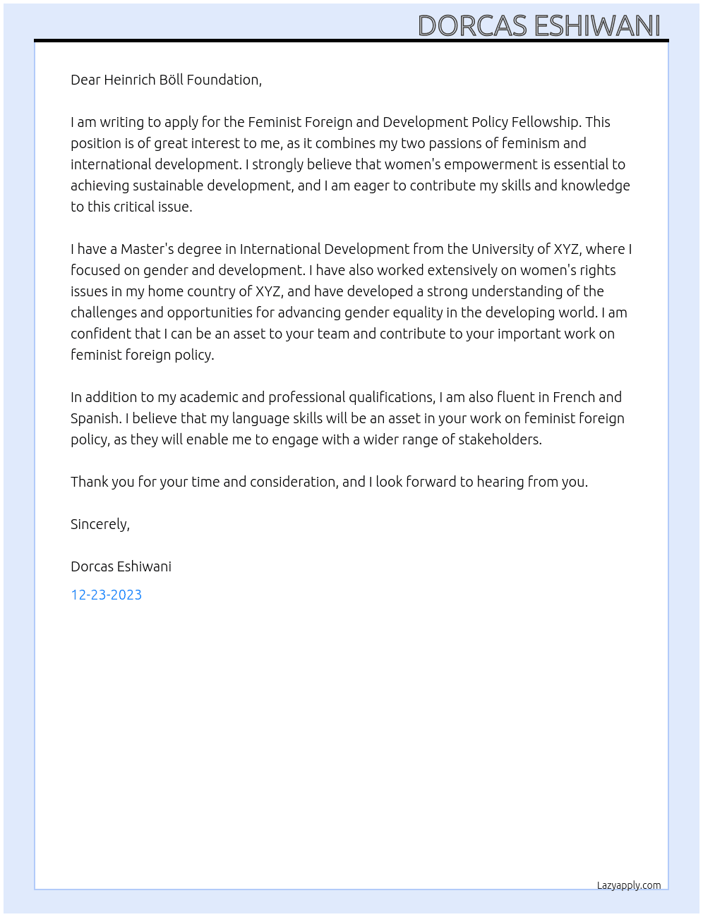 Feminist activist At Feminist Foreign and Development Policy Fellowship Cover Letter
