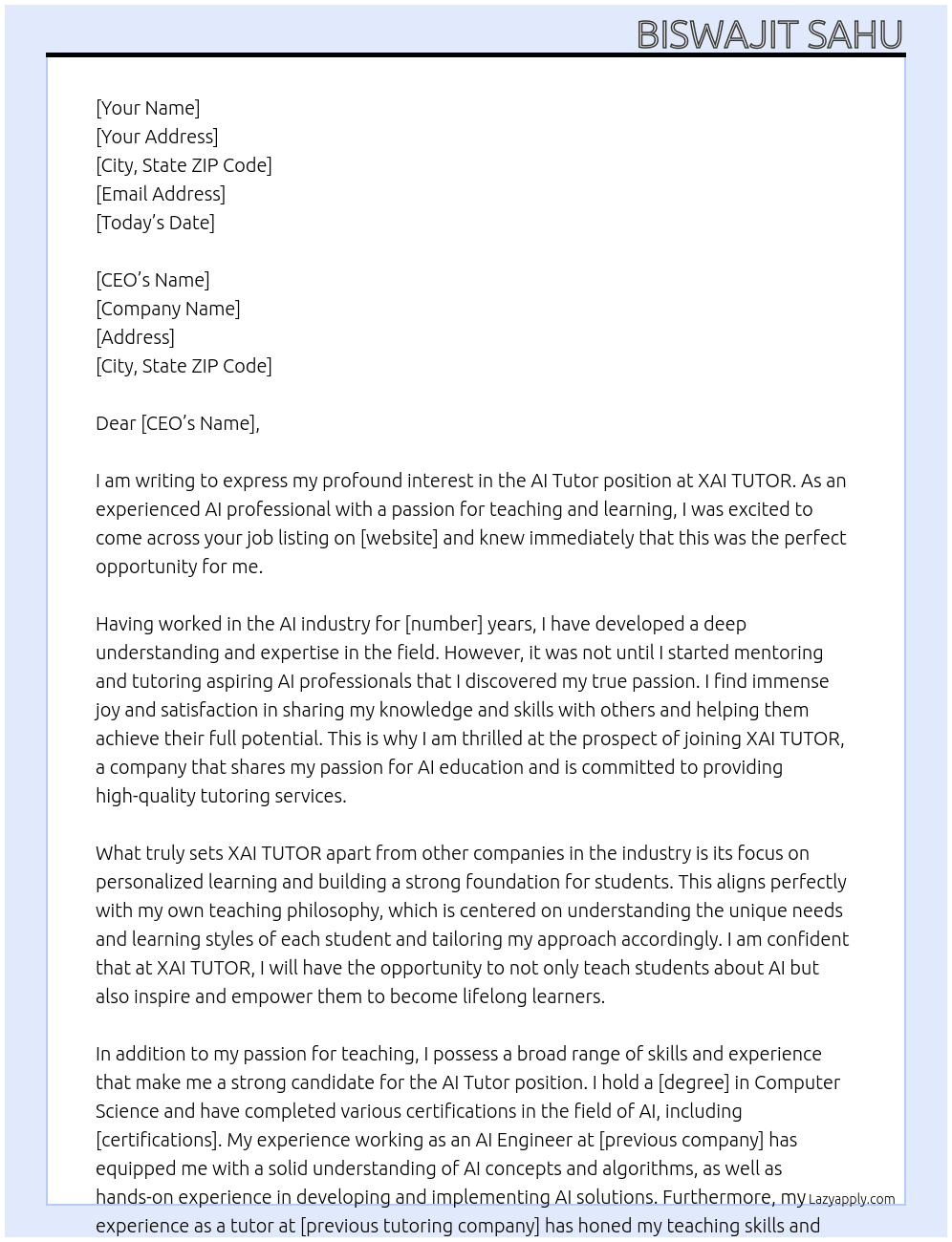 AI Tutor At XAI TUTOR  Cover Letter