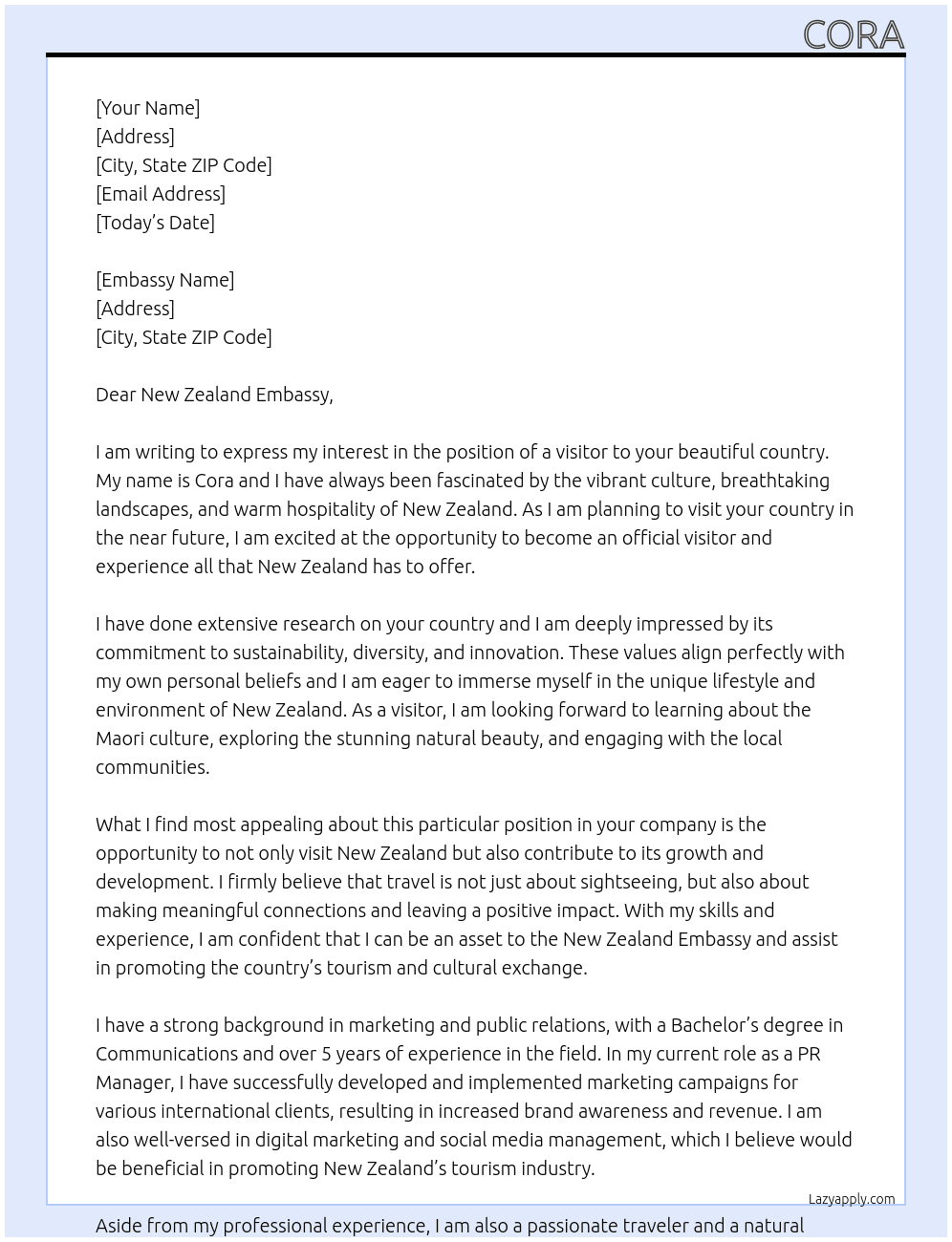 visitor to a country At New Zealand Embassy Cover Letter