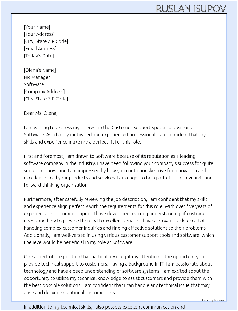 Customer Suppor Specialist At SoftWare Cover Letter