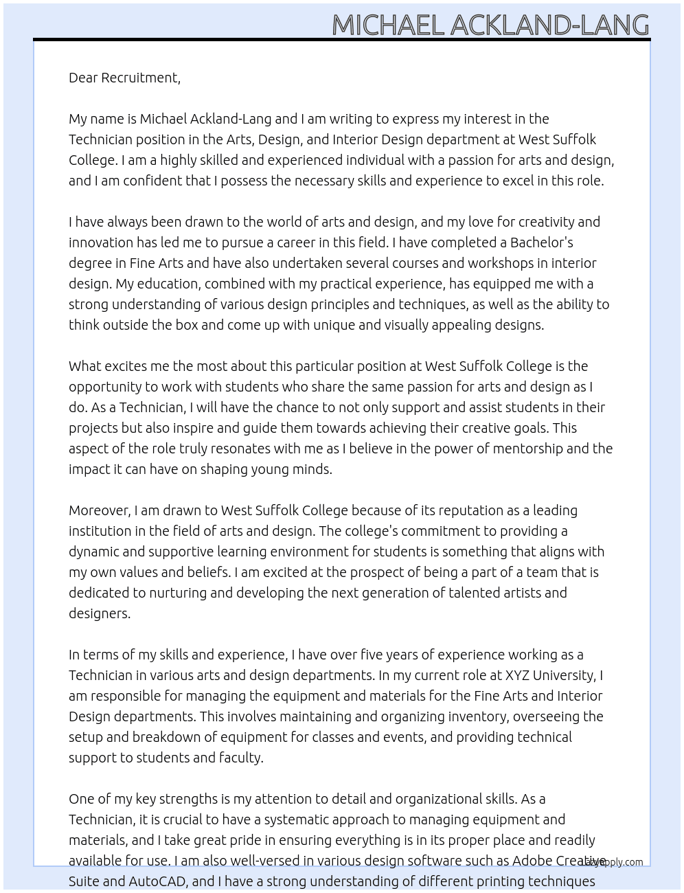Technician - Arts, Design and Interior Design At West Suffolk College Cover Letter