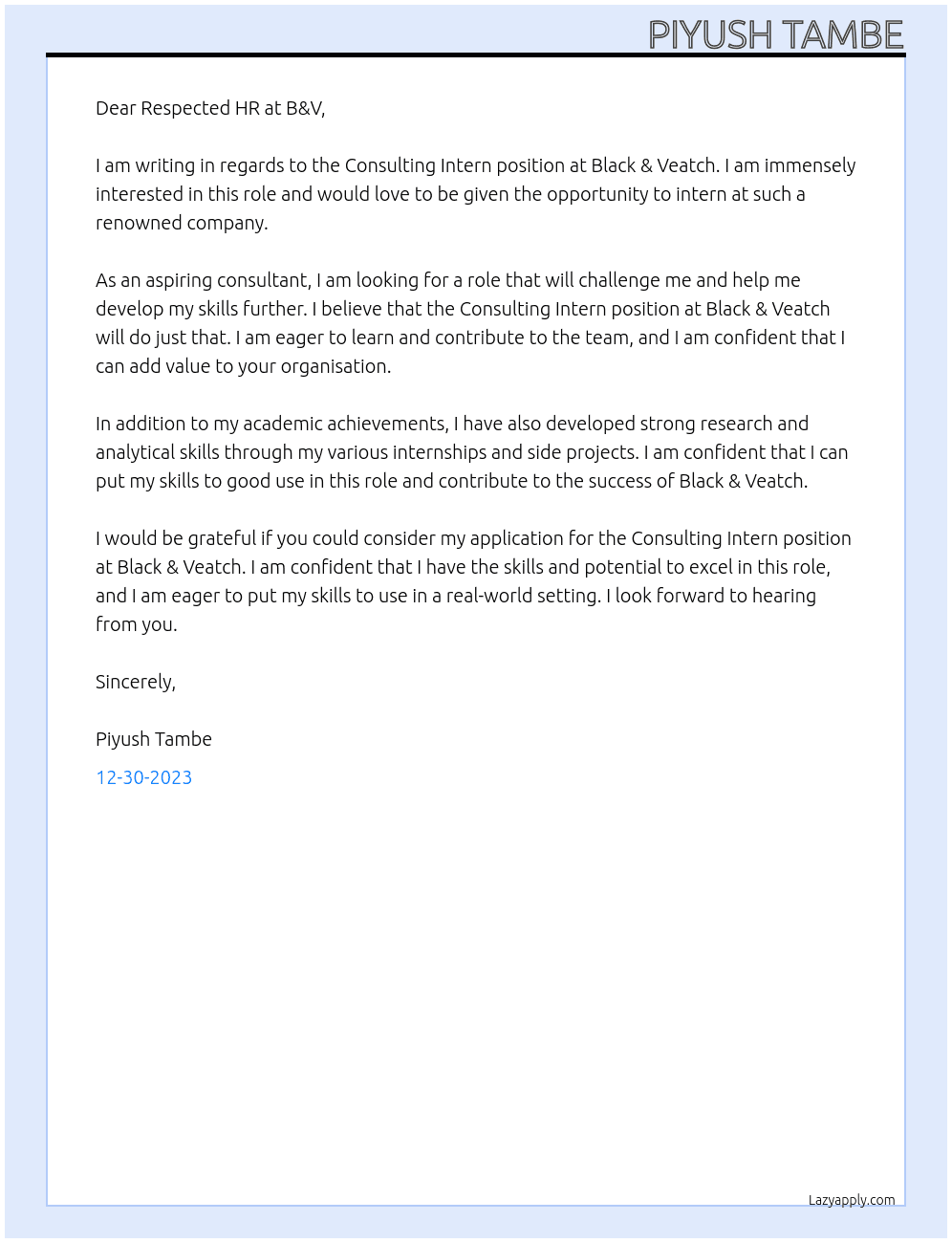 Consulting Intern At Black & Veatch Cover Letter