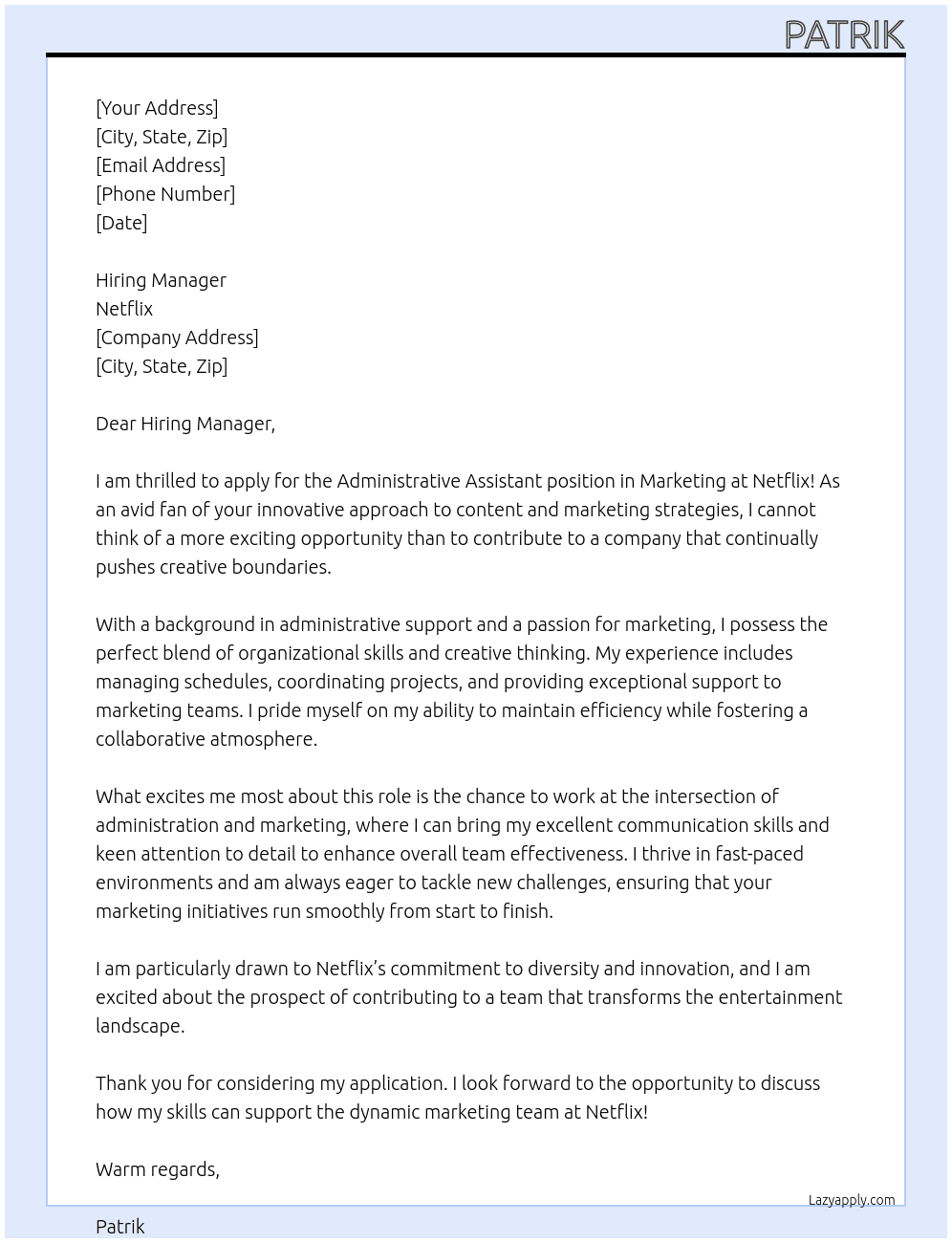 Cover letter for administrative assitant marketing - LazyApply