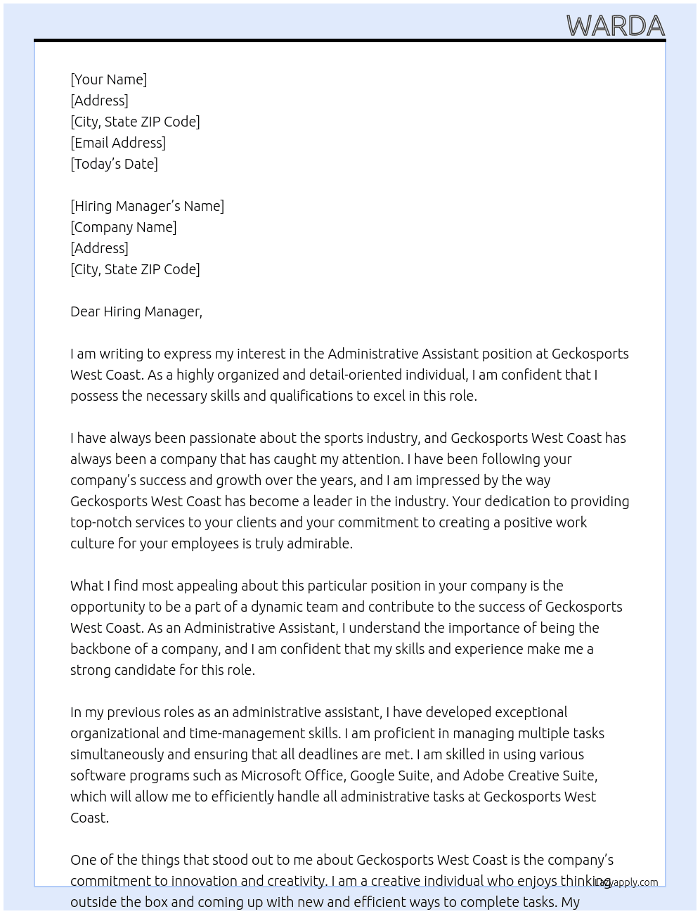 Administrative Assistant At Geckosports West Coast Cover Letter