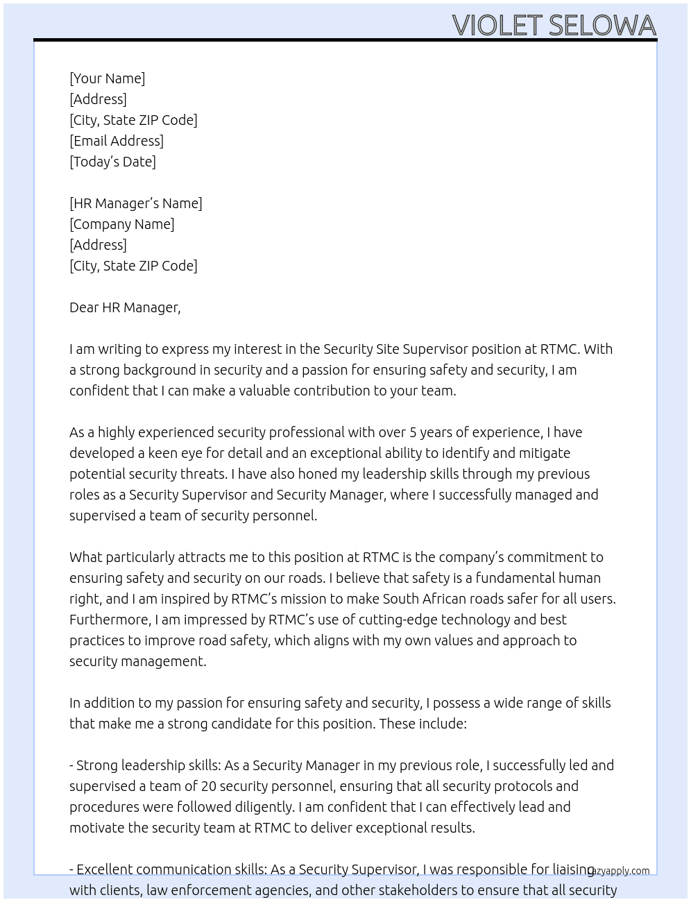 SUCURITY SITE SUPERVISOR At RTMC Cover Letter