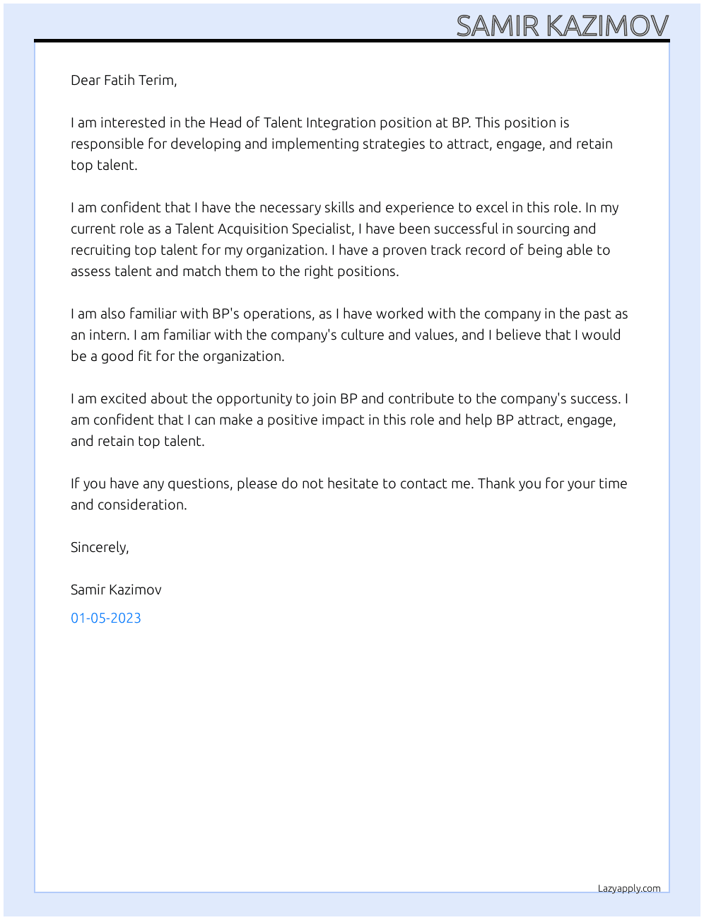 Cover letter for head of talent integration - LazyApply