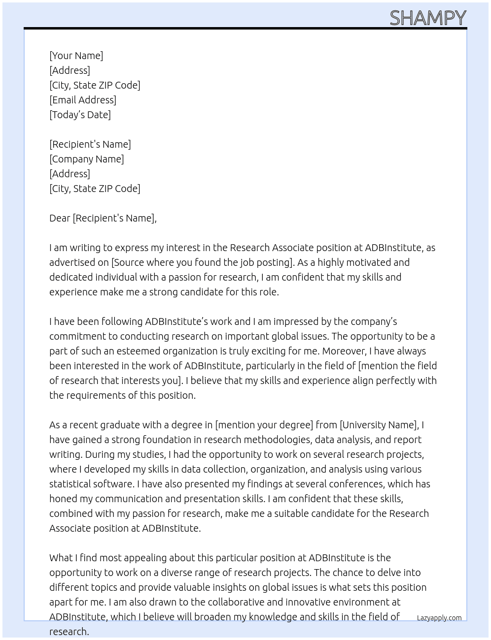Research Accociate At ADBInstitute Cover Letter